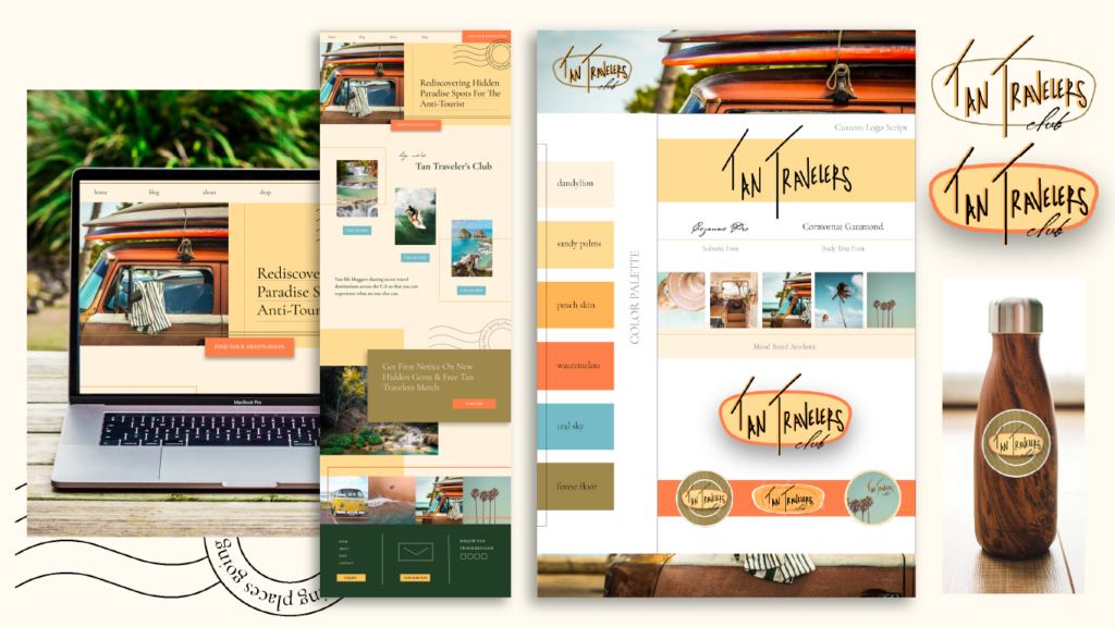 a display of colors, fonts, logos, and website designs for a beach brand.