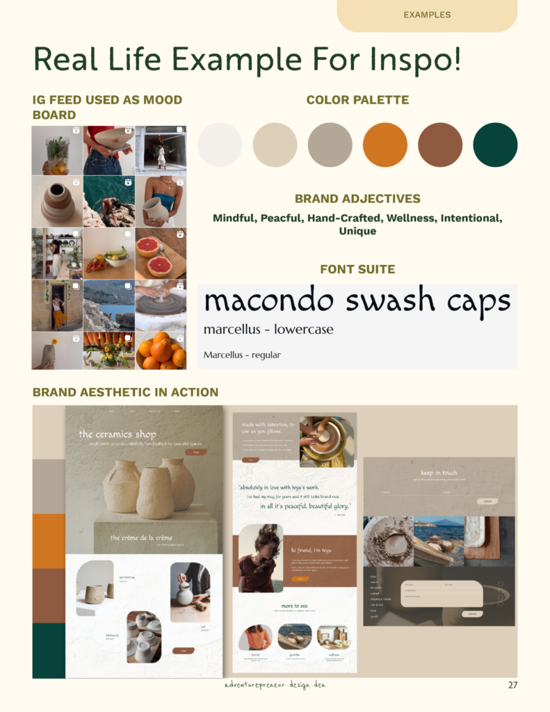 example of a mood board, color palette, font suite, and applied aesthetic. 