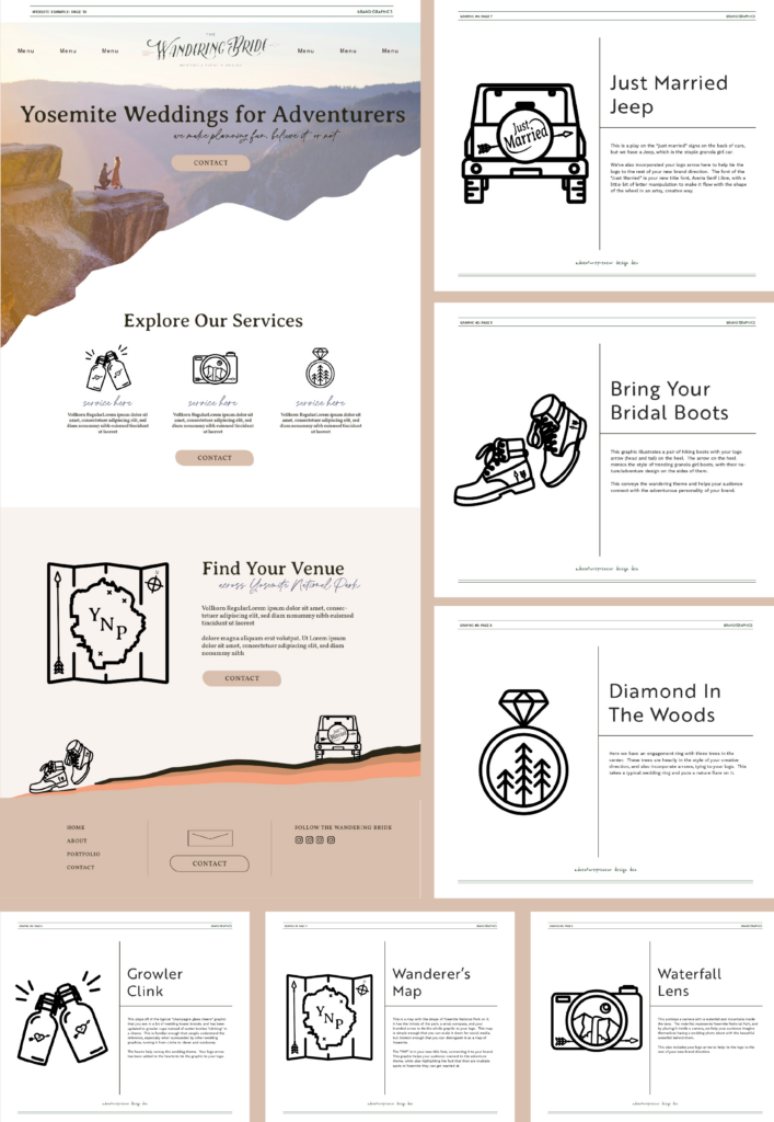 Client Showcase "The Wandering Bride" graphics and website design layout